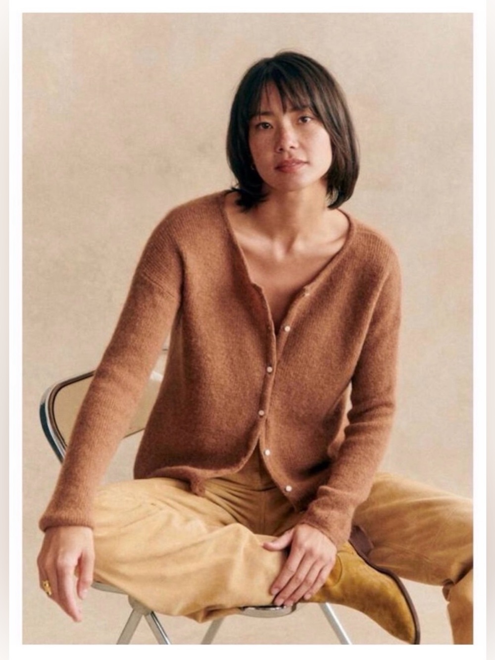 Sezane Gaspard Women's Sweater Cardigan in Camel Pearl Effect Buttons Size Small